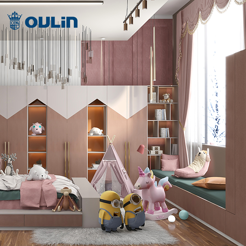 Hot Selling Wooden Modern pink Cute Girls Customization Kids Room Wardrobes Children Bedroom with Desk