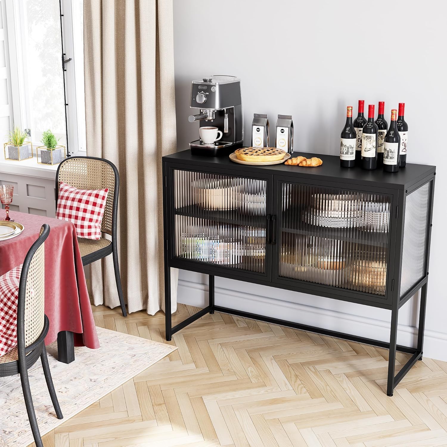 UCHANCE Modern Black Buffet Sideboard Cabinet 2 Ribbed Glass Doors with Adjustable Shelves &amp; Metal Legs for Dining Room, Kitchen