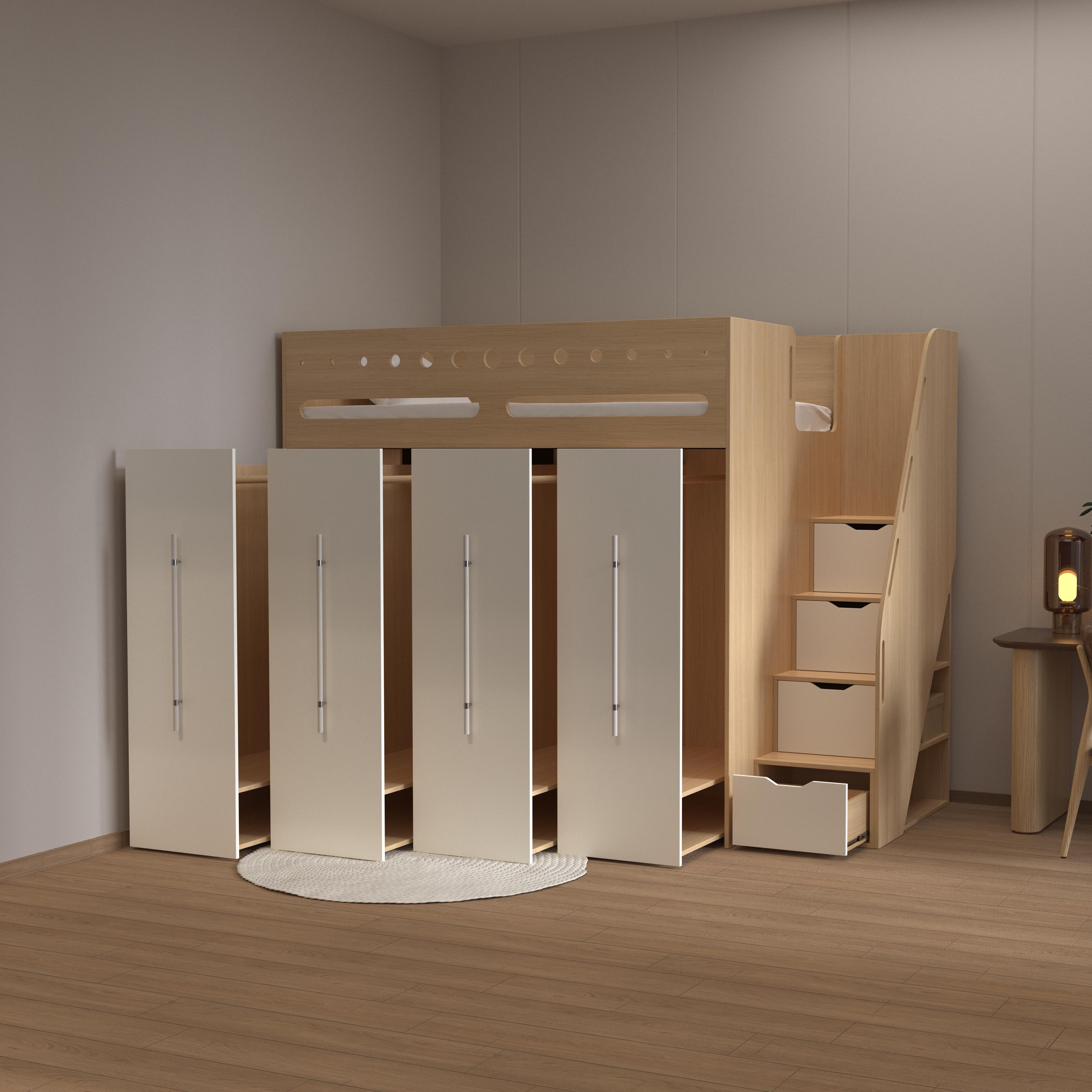 Wooden Loft Bed with Large Storage Wardrobe for Kids Space-Saving Multifunctional Wooden Bunk Bed Children's Bedroom Furniture