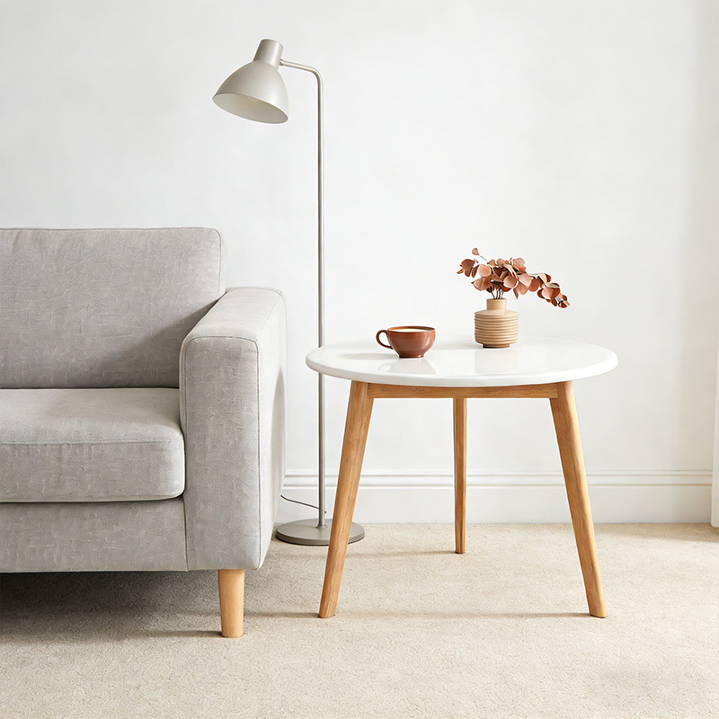 Compact Modern End Table Scandinavian Style White Wooden Side Table Mini Round Coffee Table for Living Room and Balcony