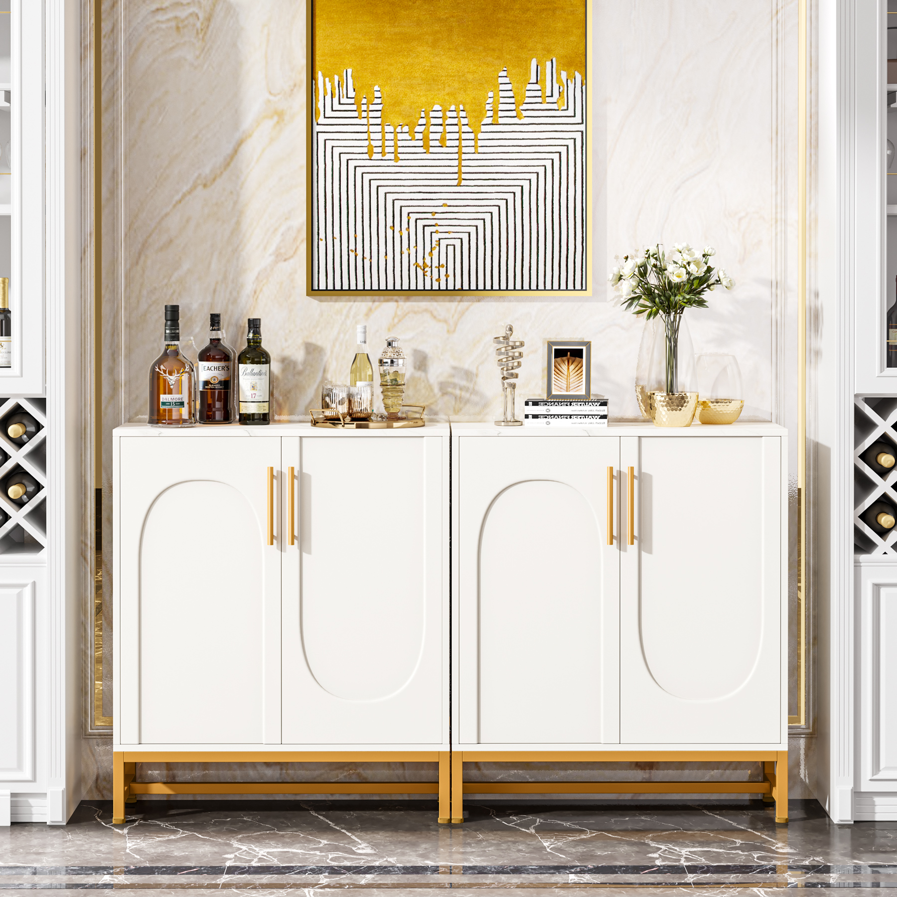 59 Inch Luxury Modern Wood+Metal Marble Top White Buffet Sideboard for Dining Room &amp; Kitchen