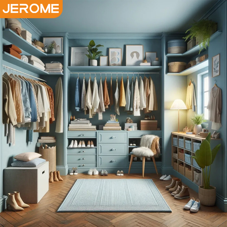 Factory Bespoke Minimalist Design Bedroom Furniture Fancy Blue Wooden Walk in Closet System with Accessories