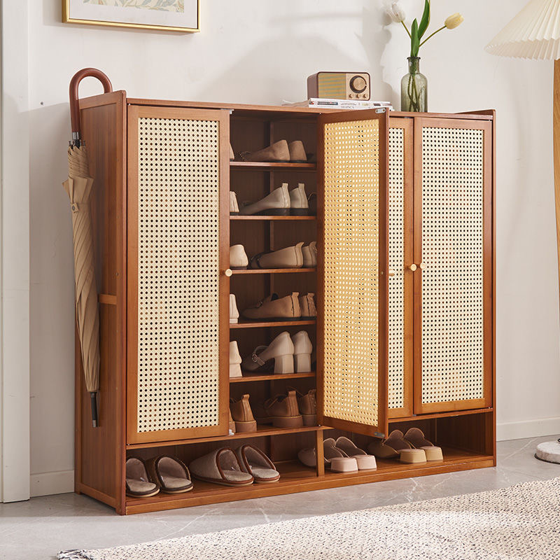 Eco-Conscious Moso Bamboo Shoe Cabinet Ventilated Rattan Woven Doors High Capacity Footwear Storage for Mudroom and Entryway