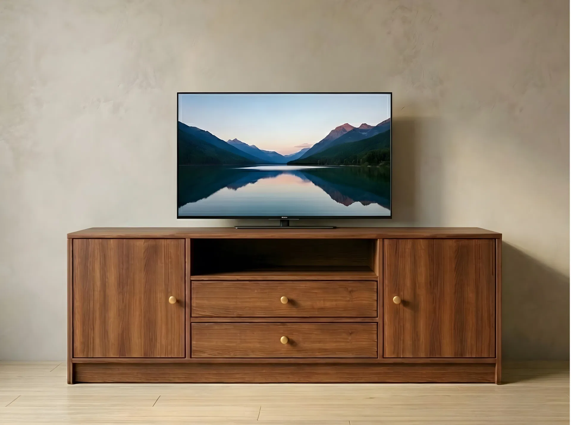 Wooden Media Console for Living Room with Spacious Storage Compartments