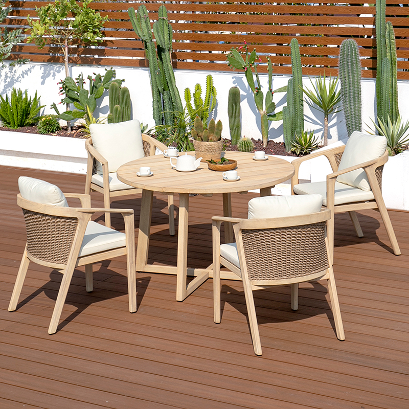 Outdoor Furniture Courtyard Garden High Quality Teak Wood Dining Table Rattan Dining Chair Set
