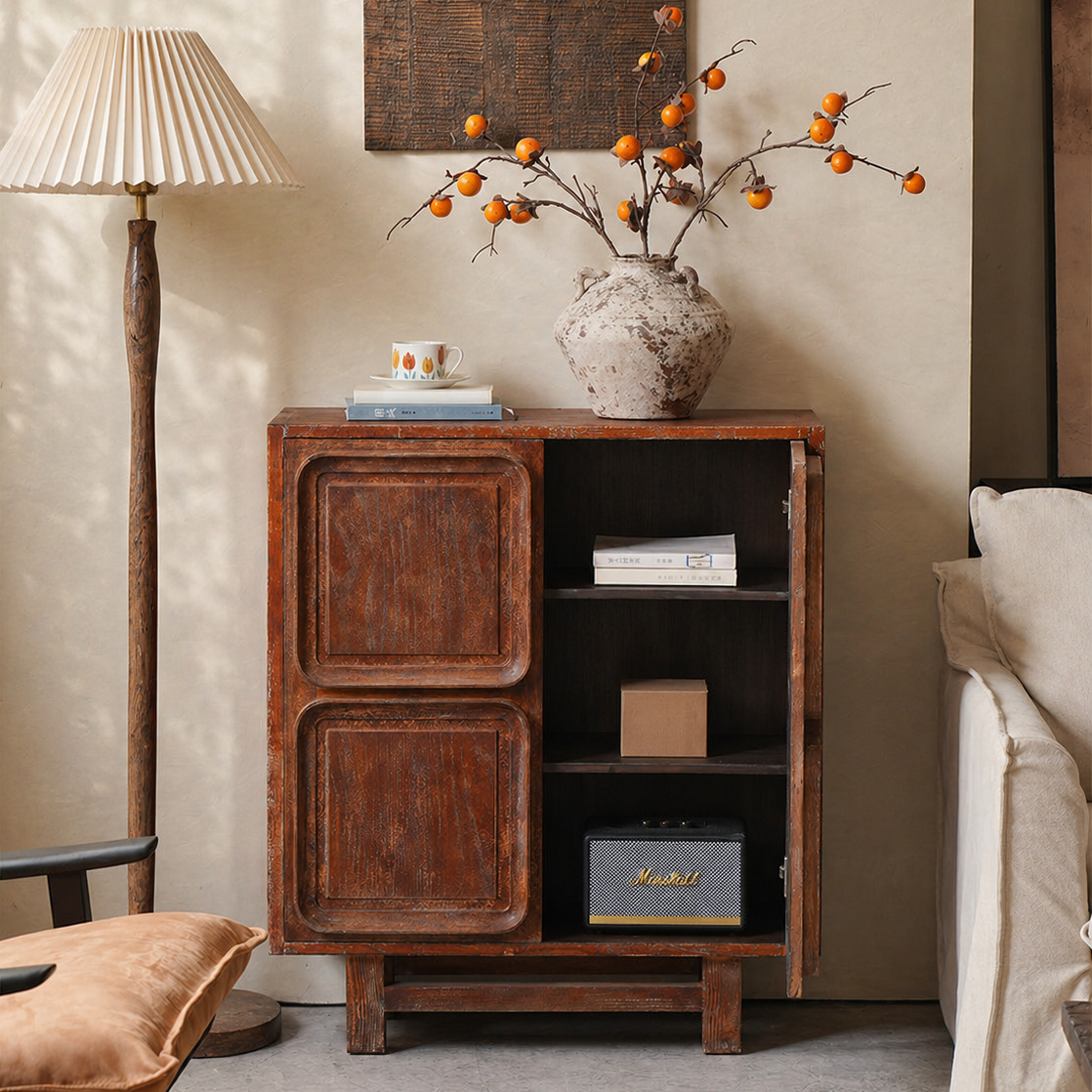 Modern Wabi-Sabi Solid Wood Buffet Cabinet Home Decor Sideboard Unique Square Storage Cabinet for Dining Room