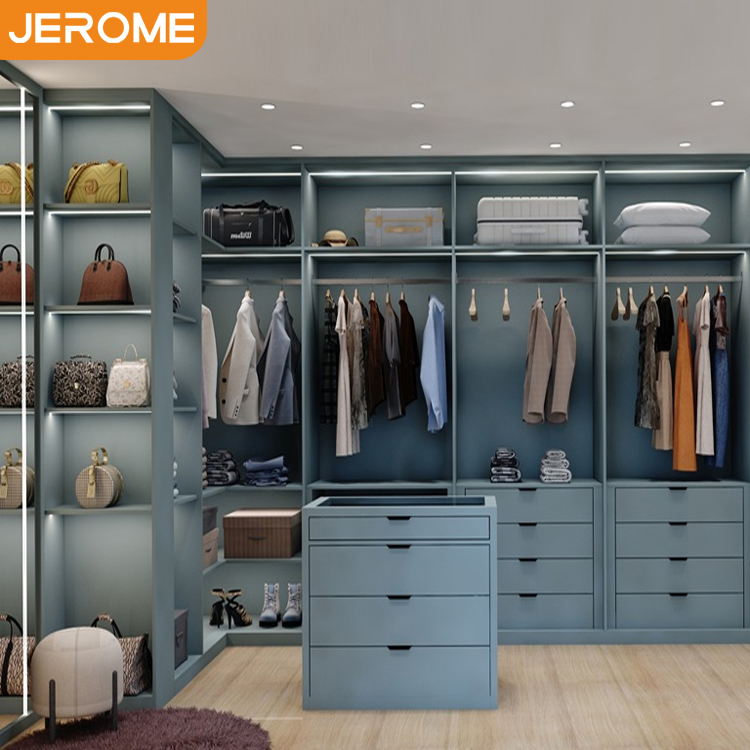 Factory Bespoke Minimalist Design Bedroom Furniture Fancy Blue Wooden Walk in Closet System with Accessories