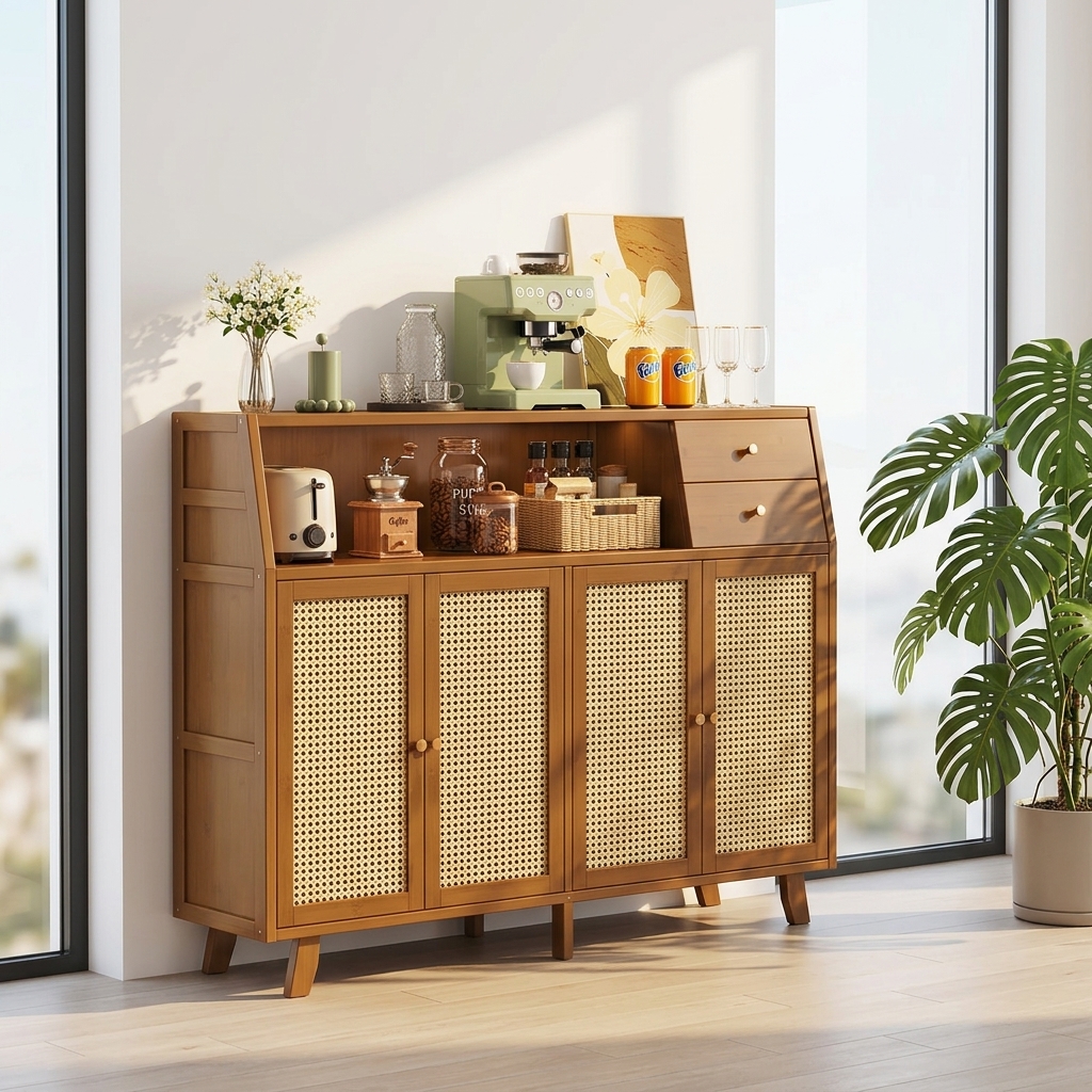 Wood Modern Minimalist Multifunction Sideboard Buffet Cabinet with Drawers Kitchen Storage 5 Ft+