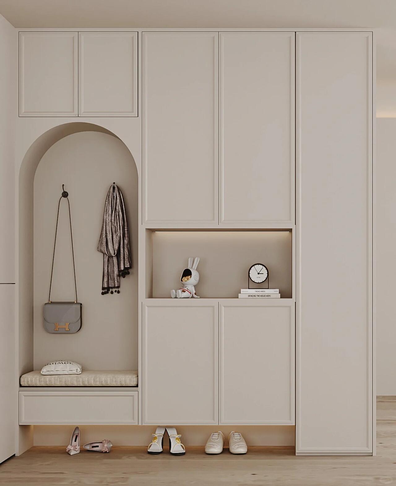 Highly Recommend Cream Style Mudroom Design MDF Wood Wardrobe for Entrance Easy to Maintain Home Furniture with Lights