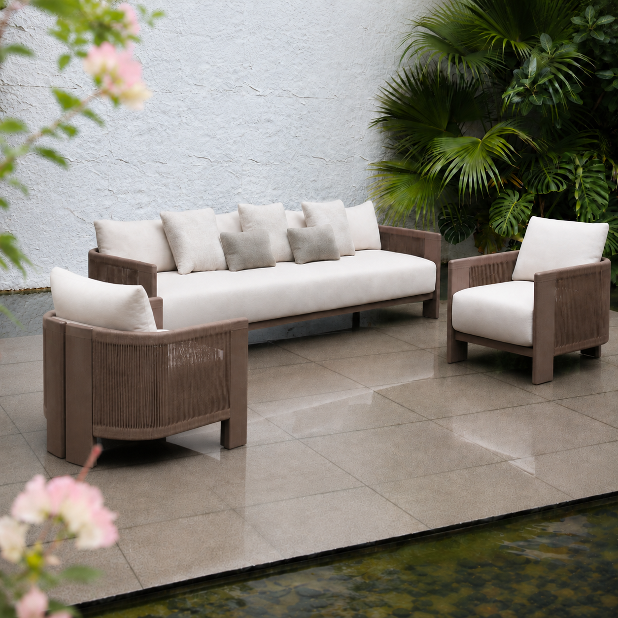 Teak Outdoor Garden Sofa Set Rope Woven All Weather Hotel Patio Furniture Set for Villa Patio Hotel Lounge Areas Project