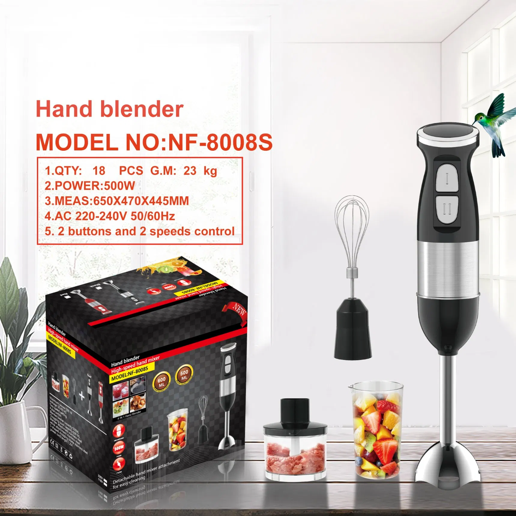 4-in-1 Household Electric Hand Blender Immersion Stainless Steel Shaft Single Serve Push Button for Hotels-Durable Plastic