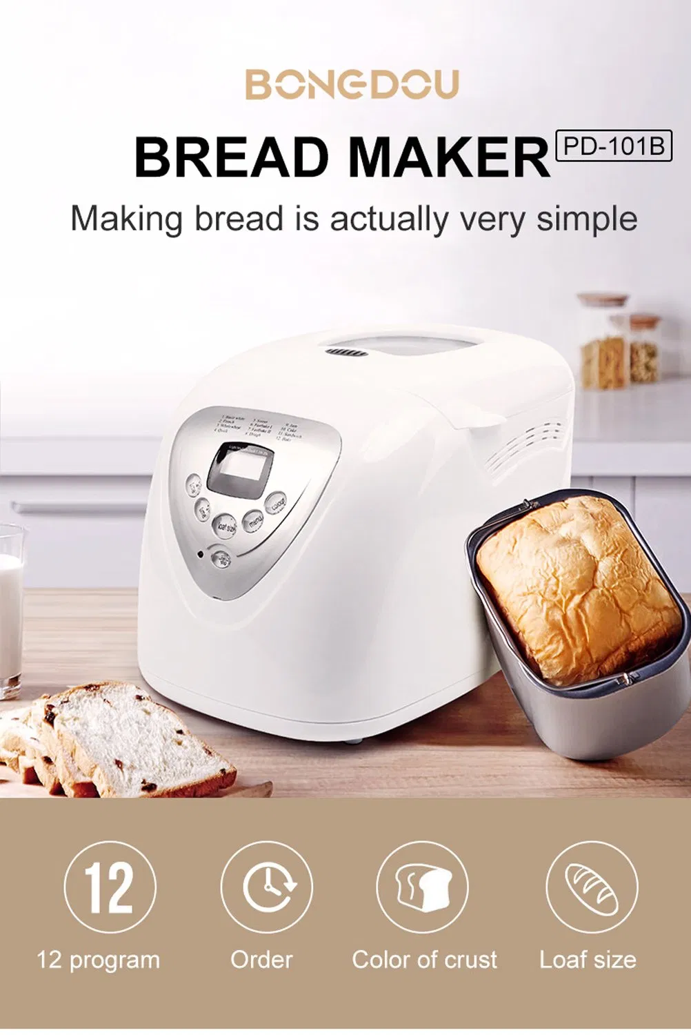 Auto Gluten-Free Setting White Breadmaker Machines Bread Maker with Nonstick Pan
