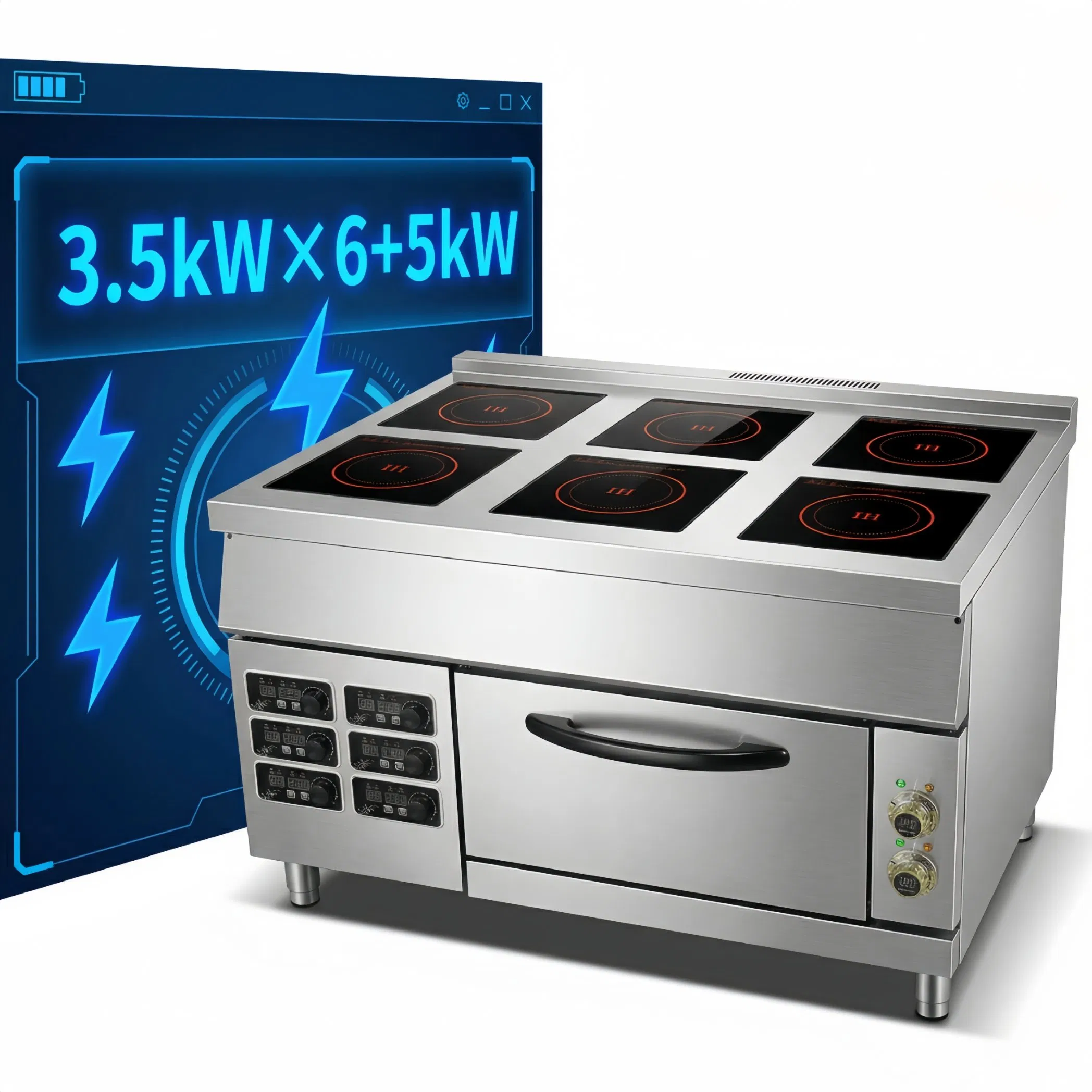 Vertical Commercial Kitchen Appliance 6-Plate Induction Cooktop with Easy Clean Oven