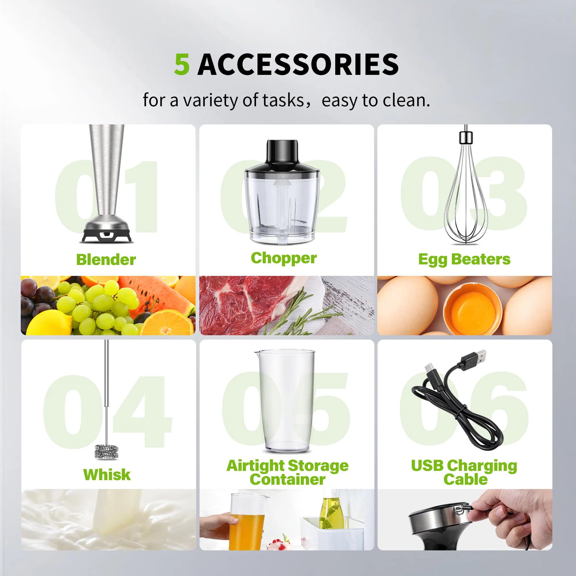 850W Electric Stainless Steel Immersion Blender Turbo Function Detachable Rechargeable Stickhand Blender