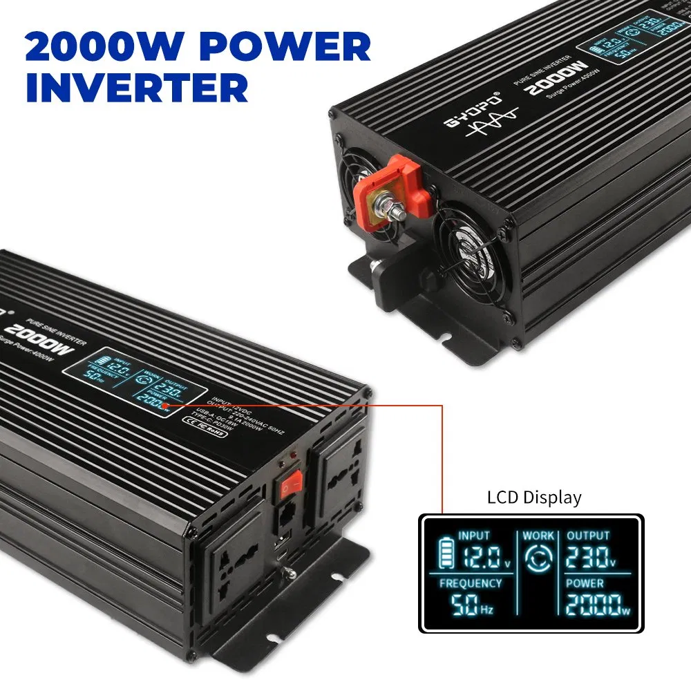 Inversor de DC a AC 12V 2000W Inversor para coche eléctrico Almacenamiento de energía solar Batería LiFePO4 Inversor de potencia para el hogar