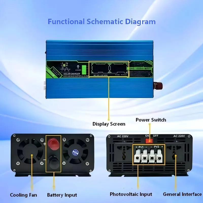 1000W 1500W 12V Inversor de energía solar híbrido de onda sinusoidal pura 30A MPPT