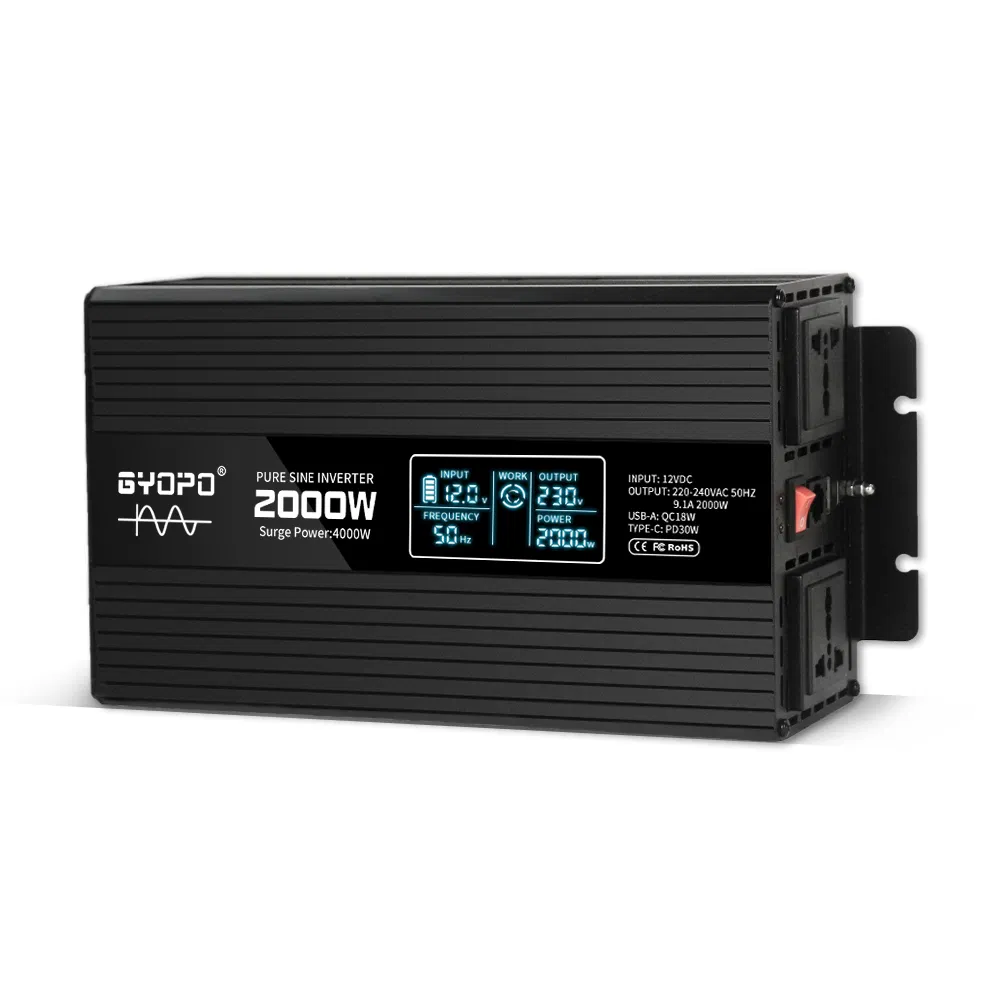 Inversor de DC a AC 12V 2000W Inversor para coche eléctrico Almacenamiento de energía solar Batería LiFePO4 Inversor de potencia para el hogar