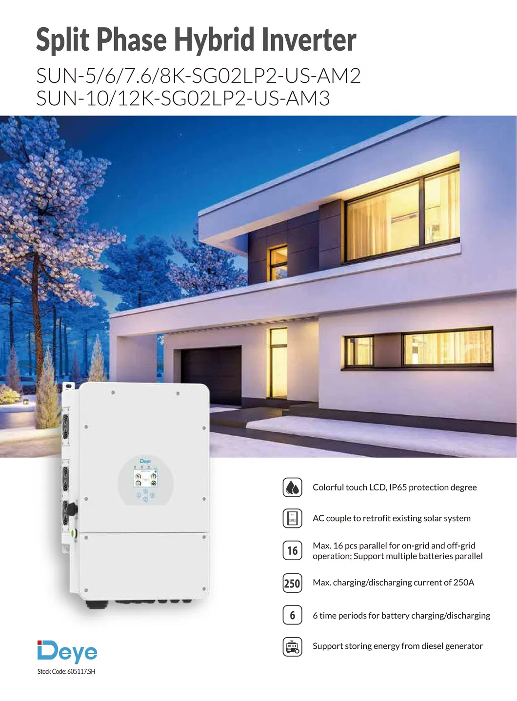Deye Sun-5/6/7.6/8K-Sg02lp2-Us-Am2 Fase Dividida 120V/240V 5kw 6kw 7.6kw 8kw 48V Inversor Solar Híbrido