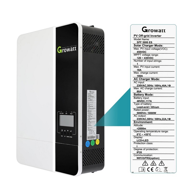 Inversor Solar Off Grid de Alta Frecuencia Monofásico 48VDC 230VAC Growatt SPF 5000 Es SPF 3500 Es 5kw 3.5kw