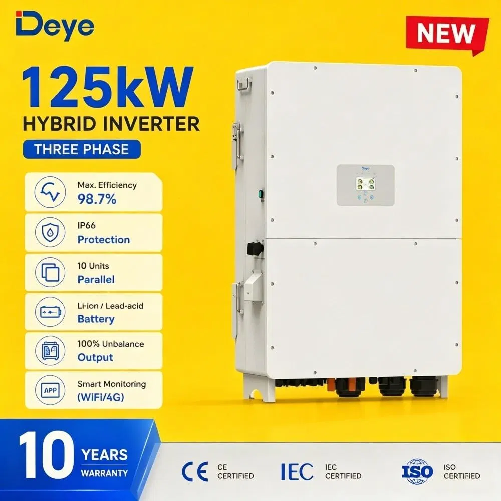 Deye 100kw 125kw Inversor Solar Híbrido Trifásico con Batería de Almacenamiento Batería de Ión de Litio