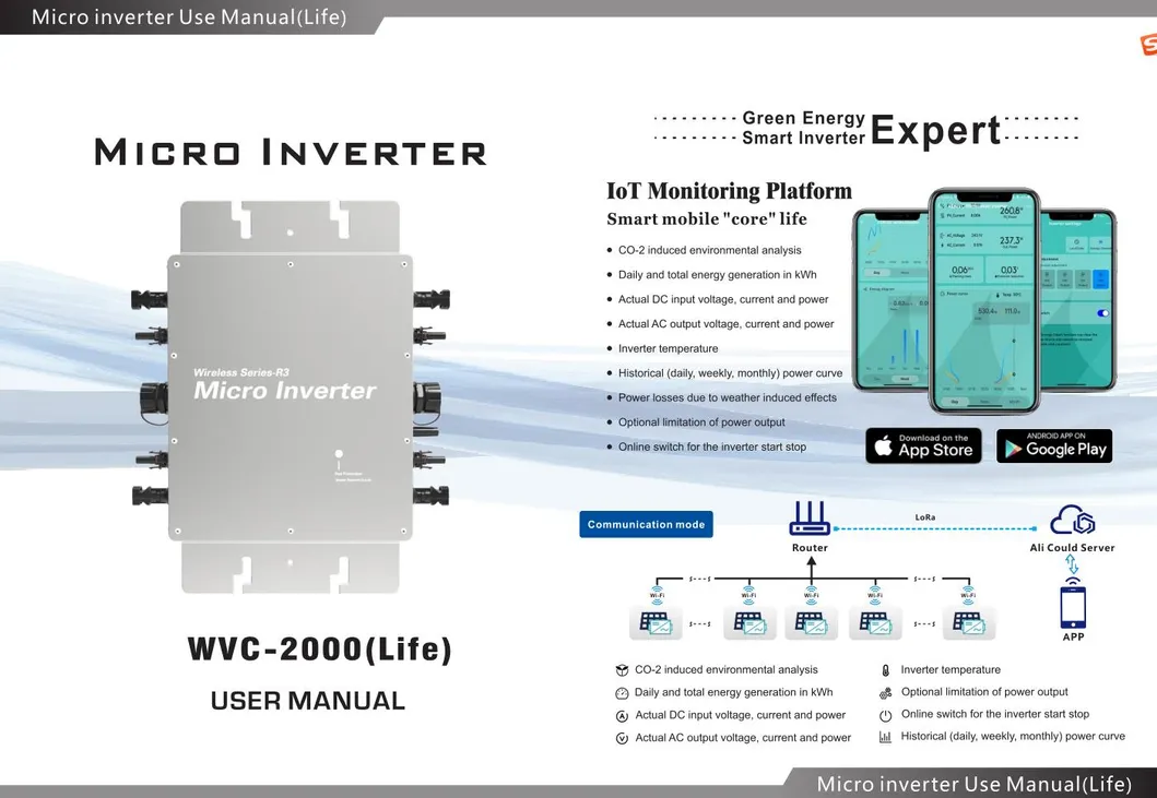 IP65 Wvc-2000 Inversor Micro Solar Conexión a Red DC22-60V 120 230V 50 60Hz 2000W Inversor Micro Solar con Monitoreo APP WiFi