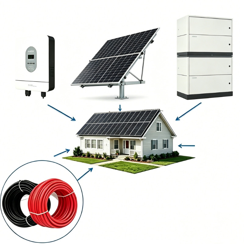 Sistema de energía solar completo que incluye paneles, inversor y batería para hogar