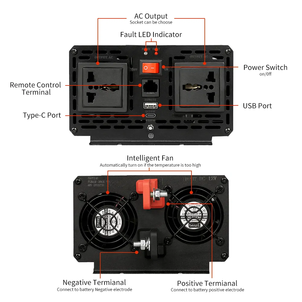 Inversor de DC a AC 12V 2000W Inversor para coche eléctrico Almacenamiento de energía solar Batería LiFePO4 Inversor de potencia para el hogar