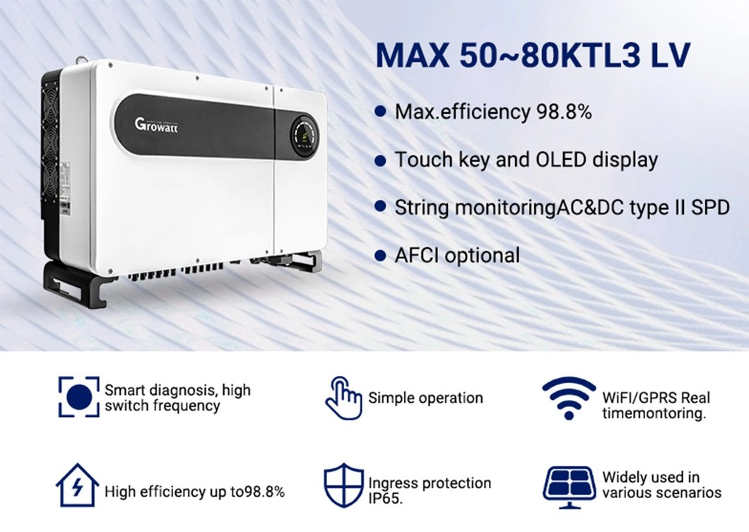 Mejor Vender Growatt Max 70ktl3-LV 380V en Red 70kw Inversor Solar Trifásico para Comercial