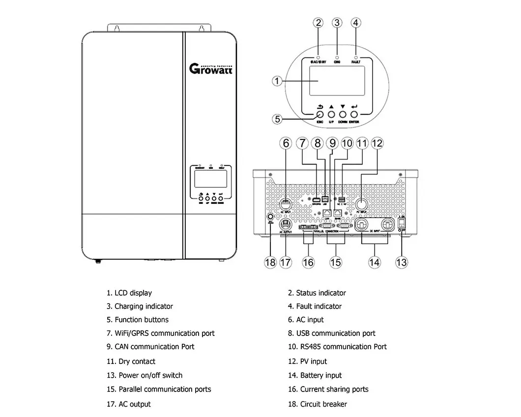 Inversor Solar Off Grid de Alta Frecuencia Monofásico 48VDC 230VAC Growatt SPF 5000 Es SPF 3500 Es 5kw 3.5kw