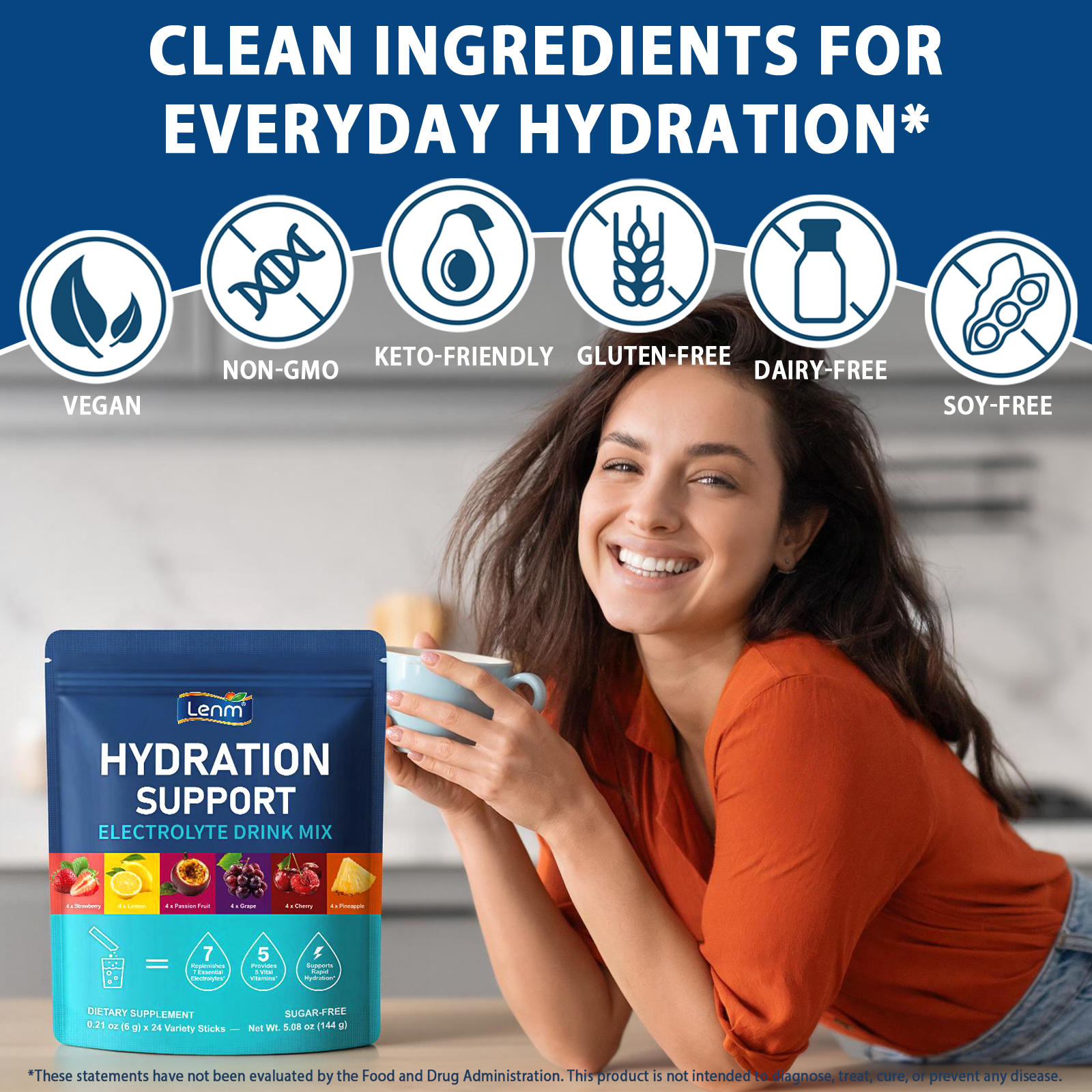 Lenm 24 Sticks Electrolyte Drink Mix Packets Sugar-free Organic Daily Hydration Support Electrolyte Powder Packets