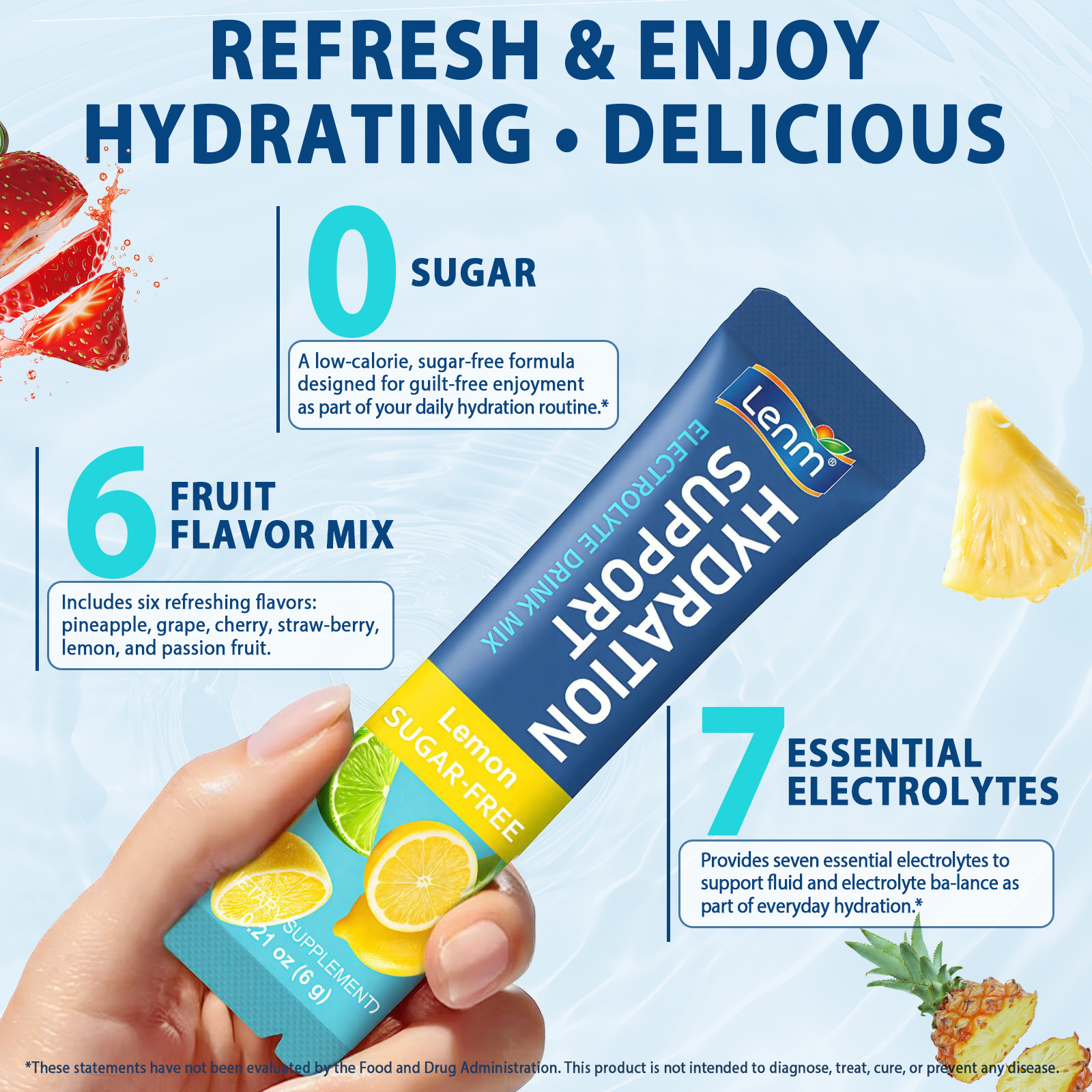 Lenm 24 Sticks Electrolyte Drink Mix Packets Sugar-free Organic Daily Hydration Support Electrolyte Powder Packets