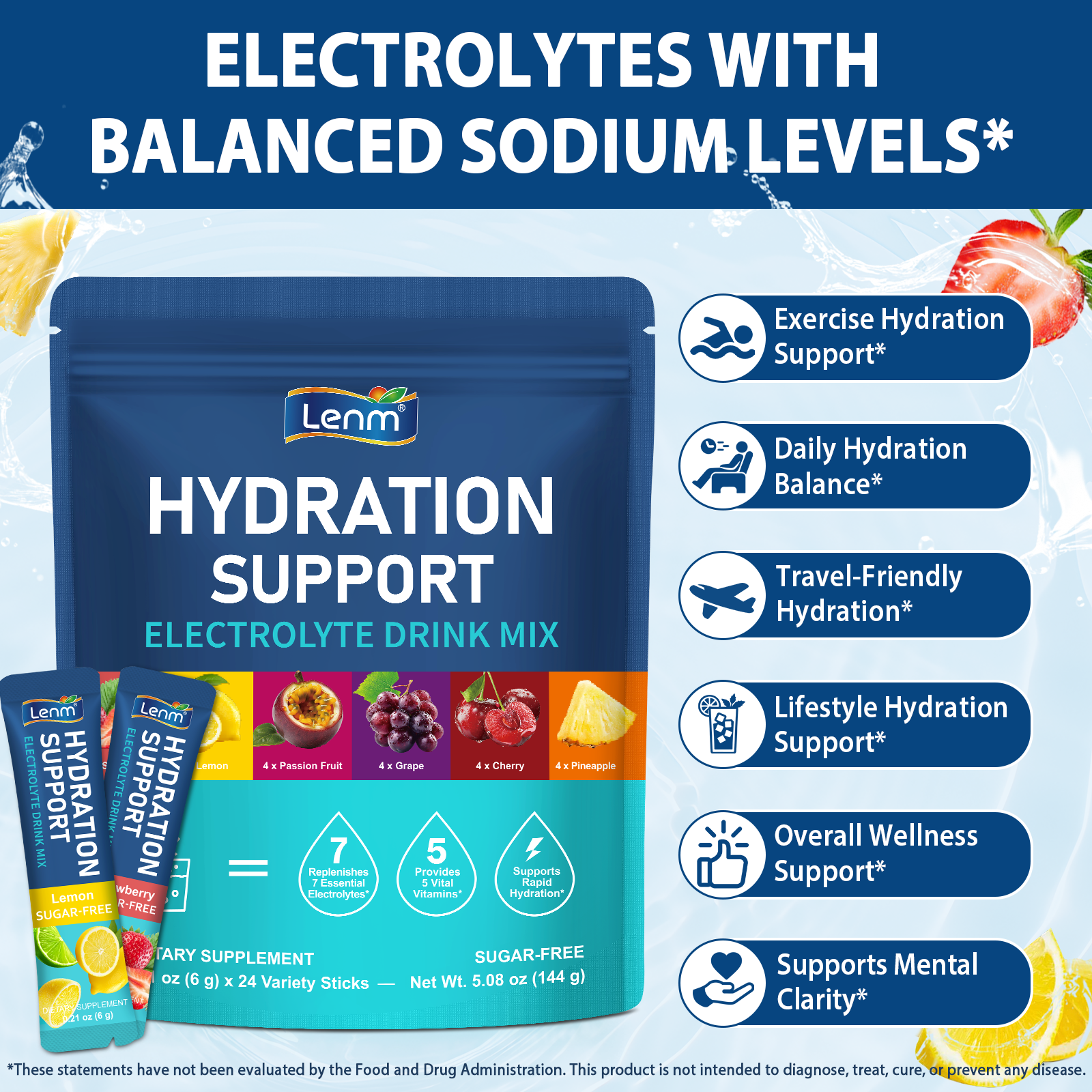 Lenm 24 Sticks Electrolyte Drink Mix Packets Sugar-free Organic Daily Hydration Support Electrolyte Powder Packets