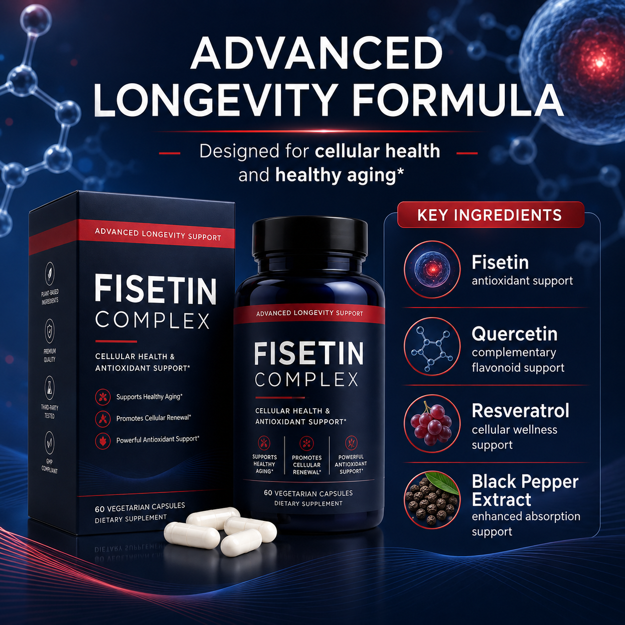 Private Label Fisetin Complex 500mg with Quercetin &amp; Resveratrol for Cellular Health Support OEM 60ct Supplement Bulk