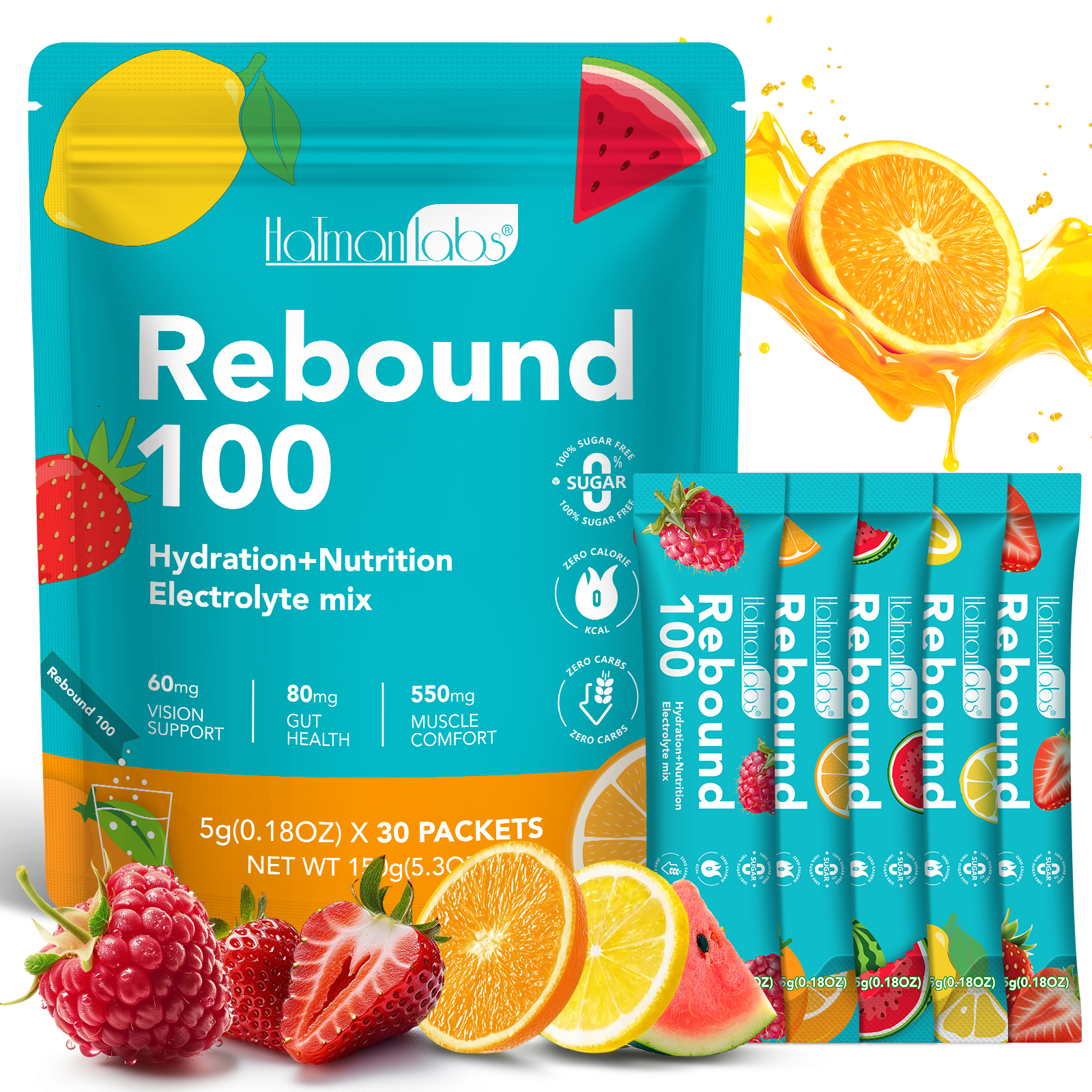 Hatmanlabs Electrolytes Powder Sachets Healthcare Supplement Zero Sugar Vegan Watermelon Fast Hydration Electrolyte Powder