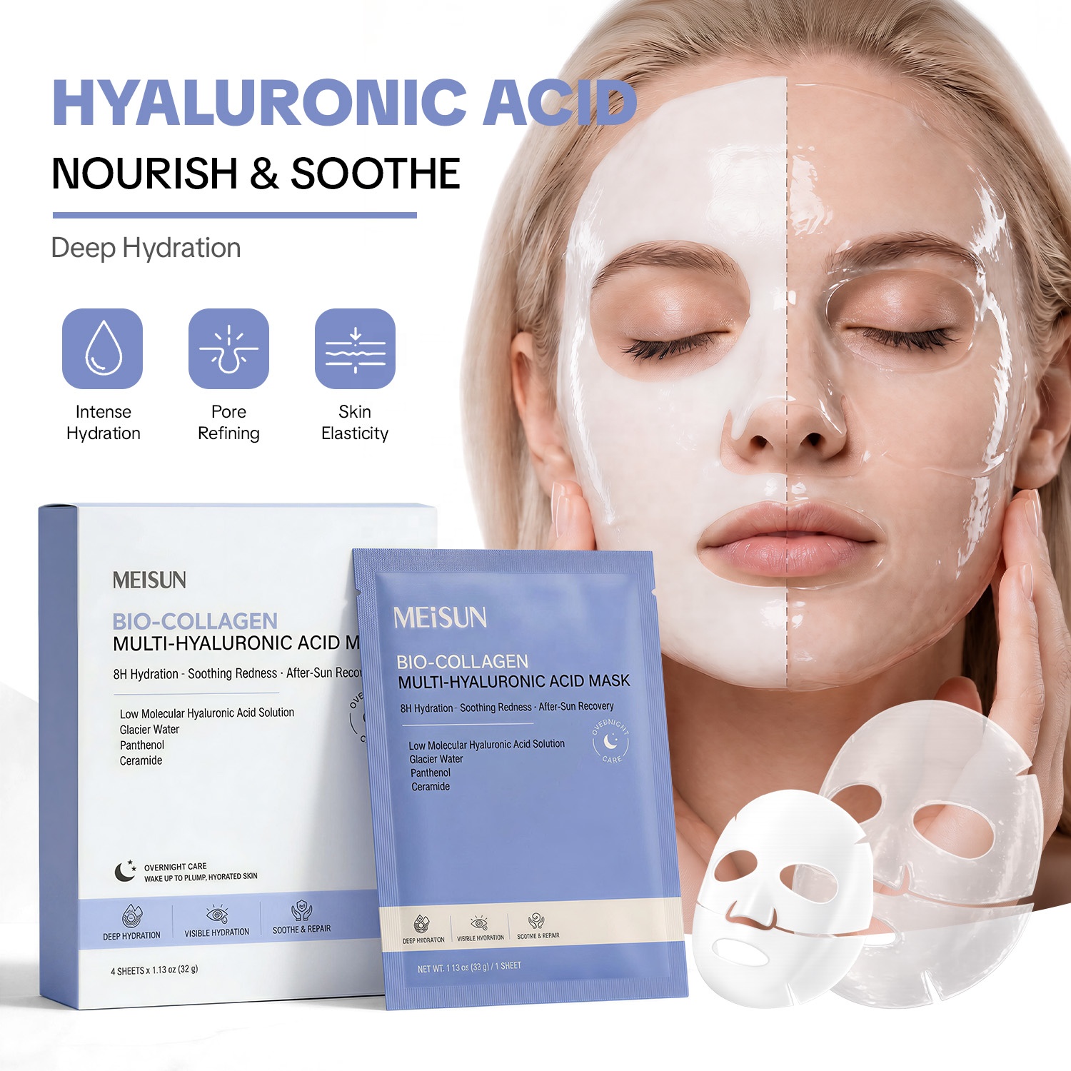 Bio Collagen Multi Hyaluronic Acid Hydrogel Mask Deep Hydration Overnight Hydrating Pore Tightening Facial Sheet Mask OEM ODM