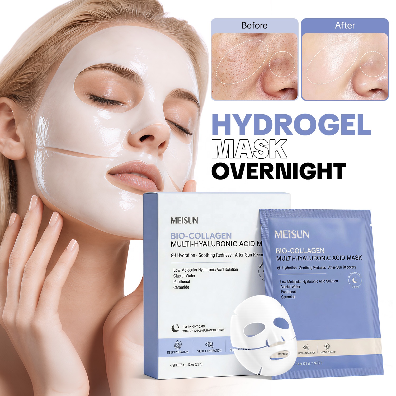 Bio Collagen Multi Hyaluronic Acid Hydrogel Mask Deep Hydration Overnight Hydrating Pore Tightening Facial Sheet Mask OEM ODM