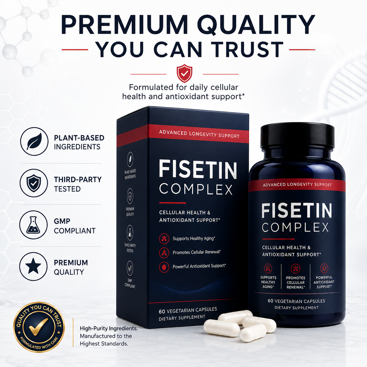 Private Label Fisetin Complex 500mg with Quercetin &amp; Resveratrol for Cellular Health Support OEM 60ct Supplement Bulk