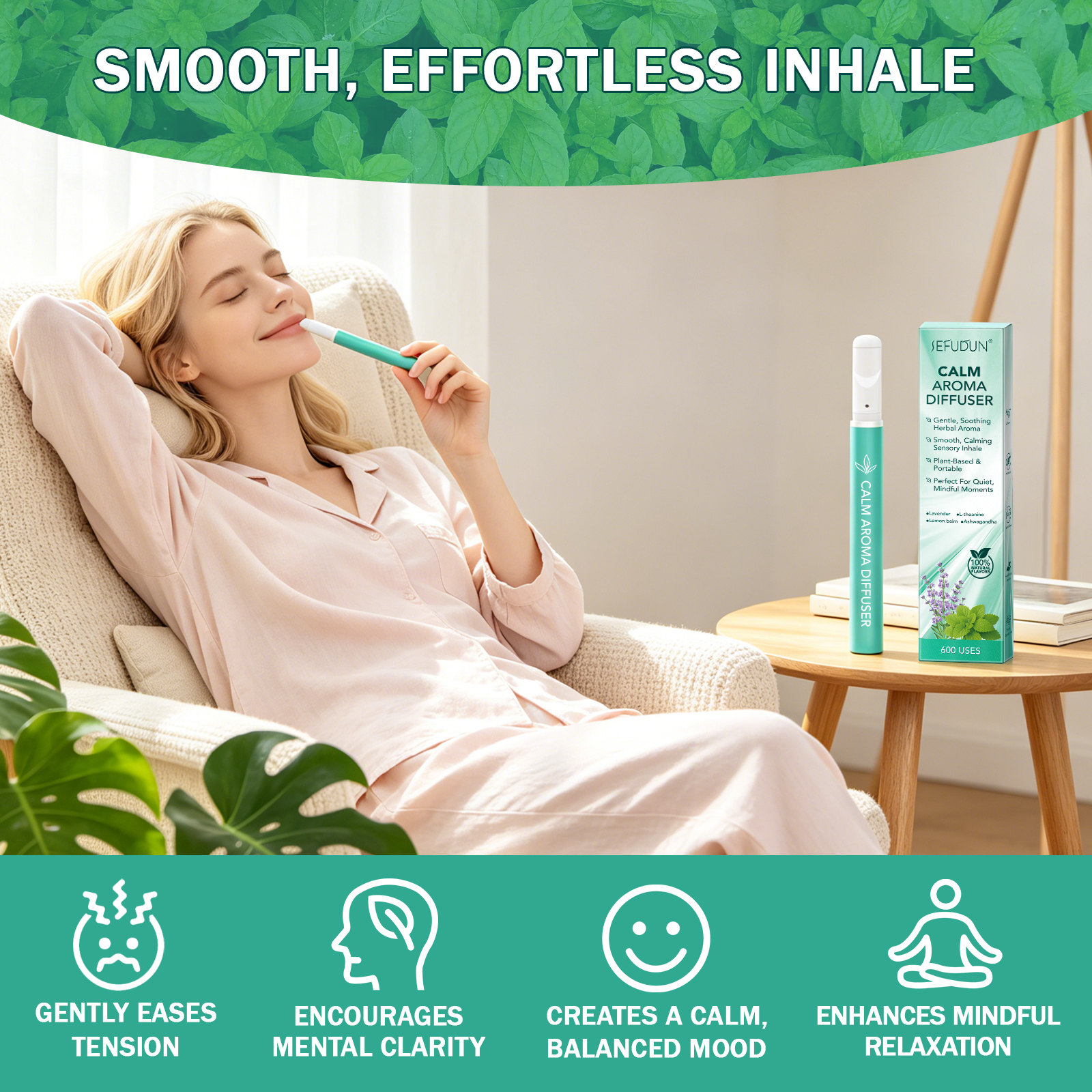 SEFUDUN Portable 100% Natural Herbal Proprietary Blend Extract Calm Aroma Diffuser Pen With 600use Ashwagandha Lemon Balm