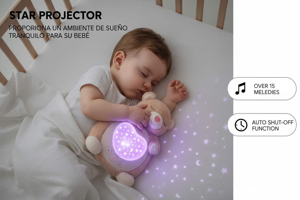 Cute Teddy Bear Portable Sleep Sound Toy 3 White Noise Modes 15 Calming Music Night Light Projector Foam Rubber Filled Plastic