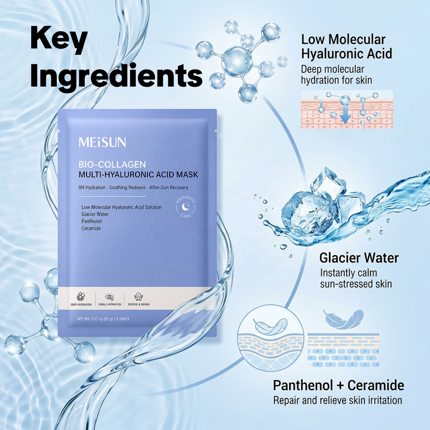 Bio Collagen Multi Hyaluronic Acid Hydrogel Mask Deep Hydration Overnight Hydrating Pore Tightening Facial Sheet Mask OEM ODM