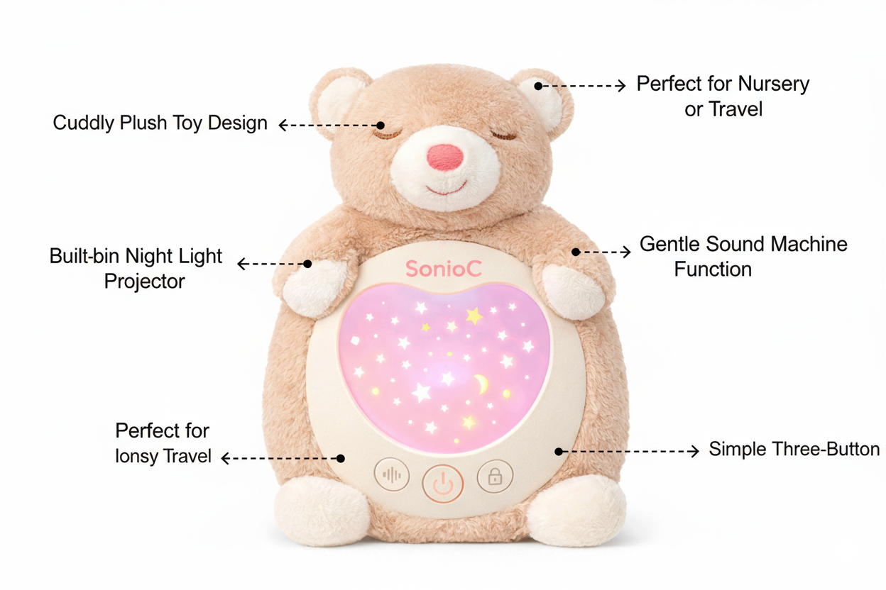 Cute Teddy Bear Portable Sleep Sound Toy 3 White Noise Modes 15 Calming Music Night Light Projector Foam Rubber Filled Plastic