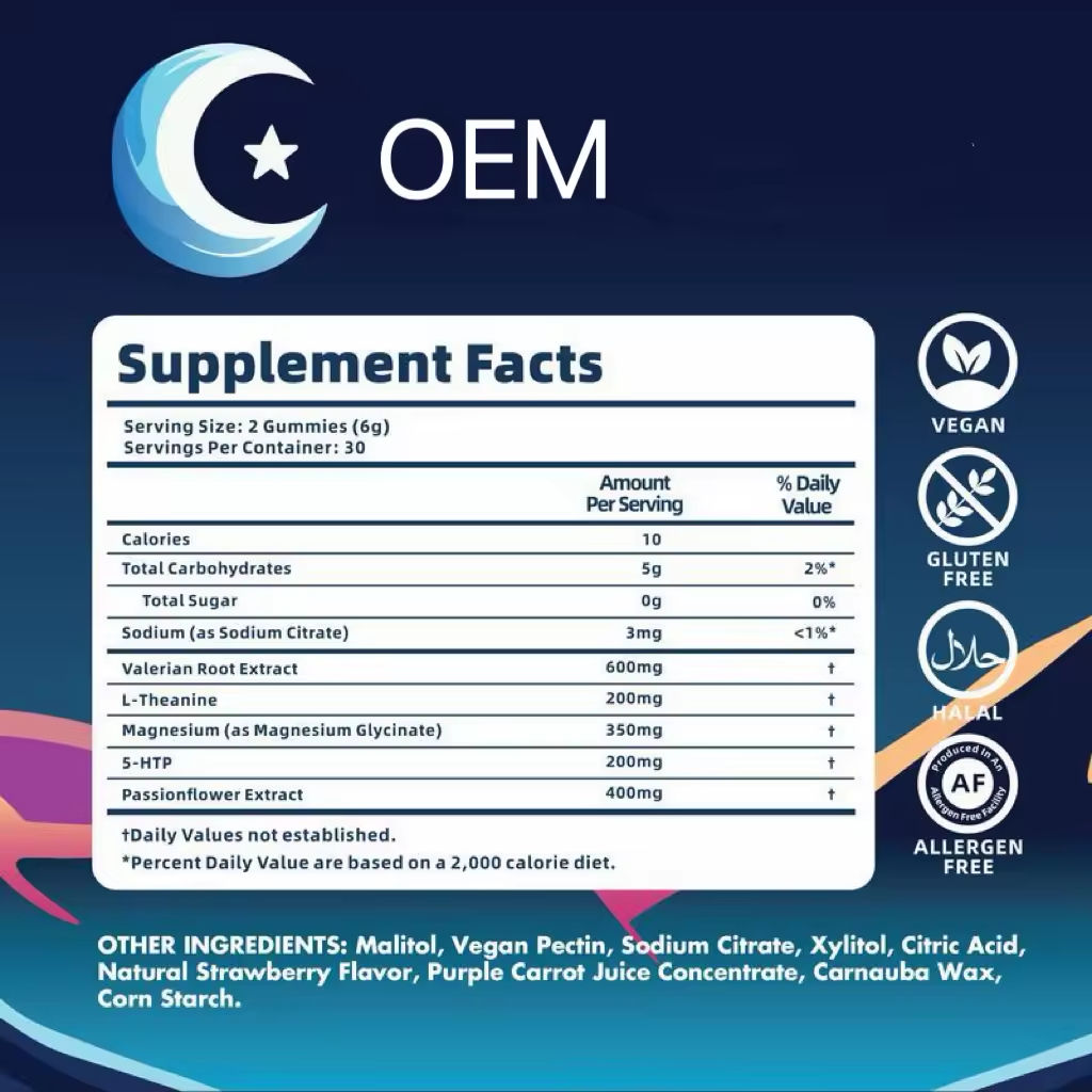 Low MOQ Supplement Natural Sleep Gummies With 5-HTP, L-Theanine, Magnesium &amp; Valerian Root Melatonin Free Sleep Aid Supplement