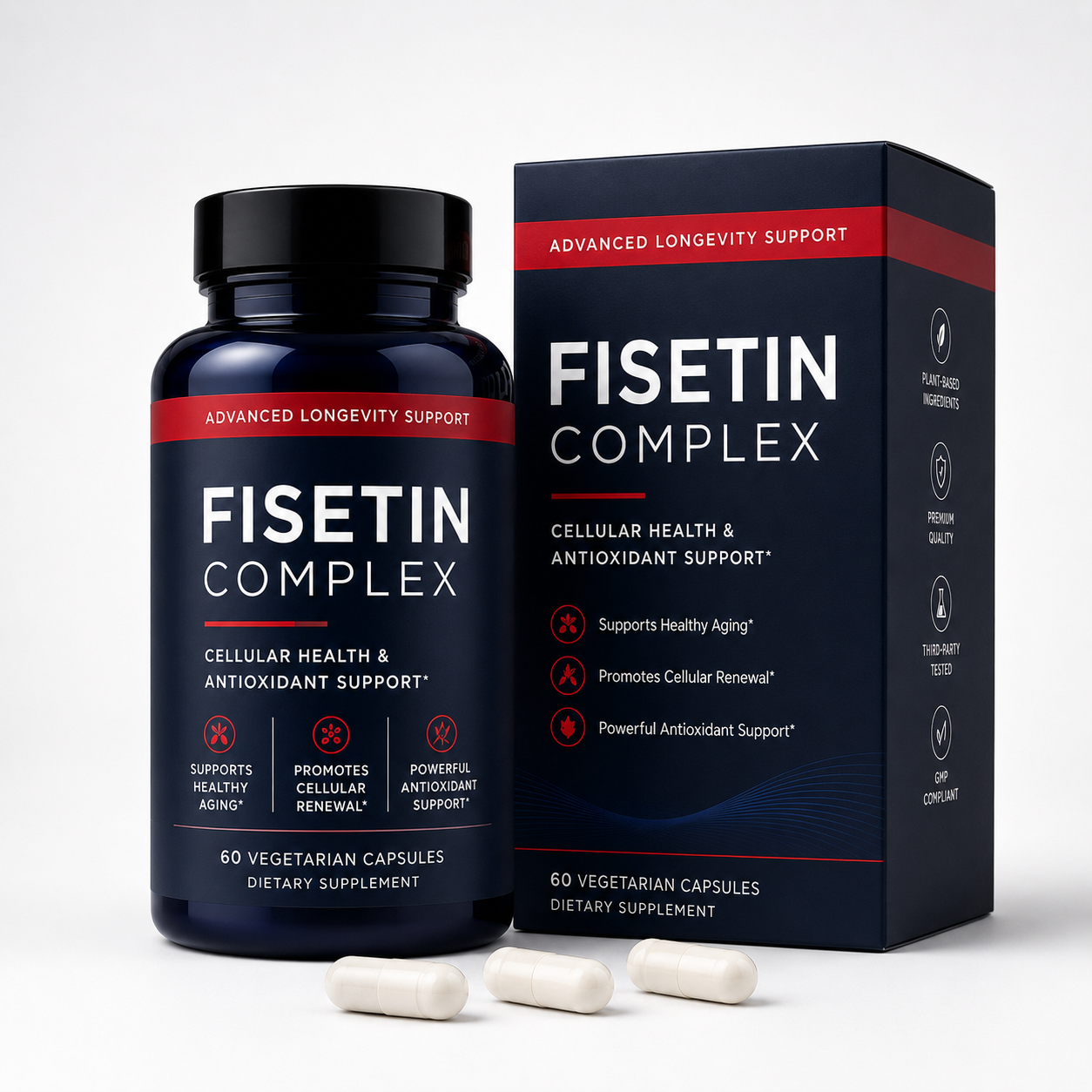 Private Label Fisetin Complex 500mg with Quercetin &amp; Resveratrol for Cellular Health Support OEM 60ct Supplement Bulk