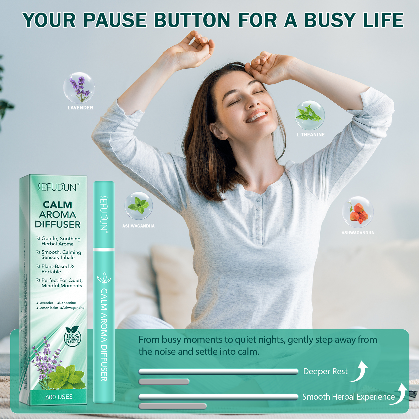 SEFUDUN Portable 100% Natural Herbal Proprietary Blend Extract Calm Aroma Diffuser Pen With 600use Ashwagandha Lemon Balm