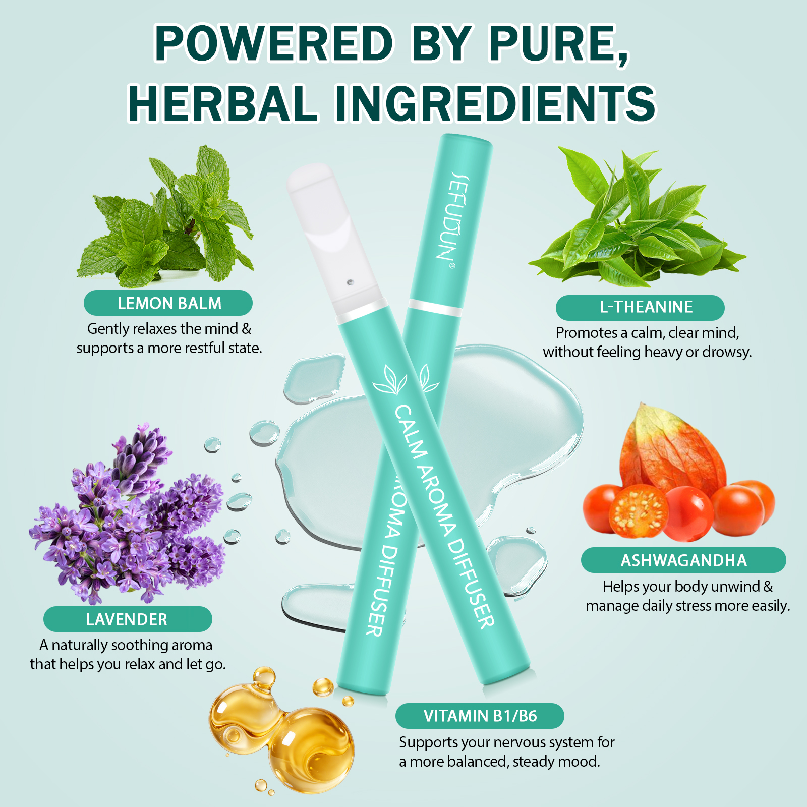 SEFUDUN Portable 100% Natural Herbal Proprietary Blend Extract Calm Aroma Diffuser Pen With 600use Ashwagandha Lemon Balm