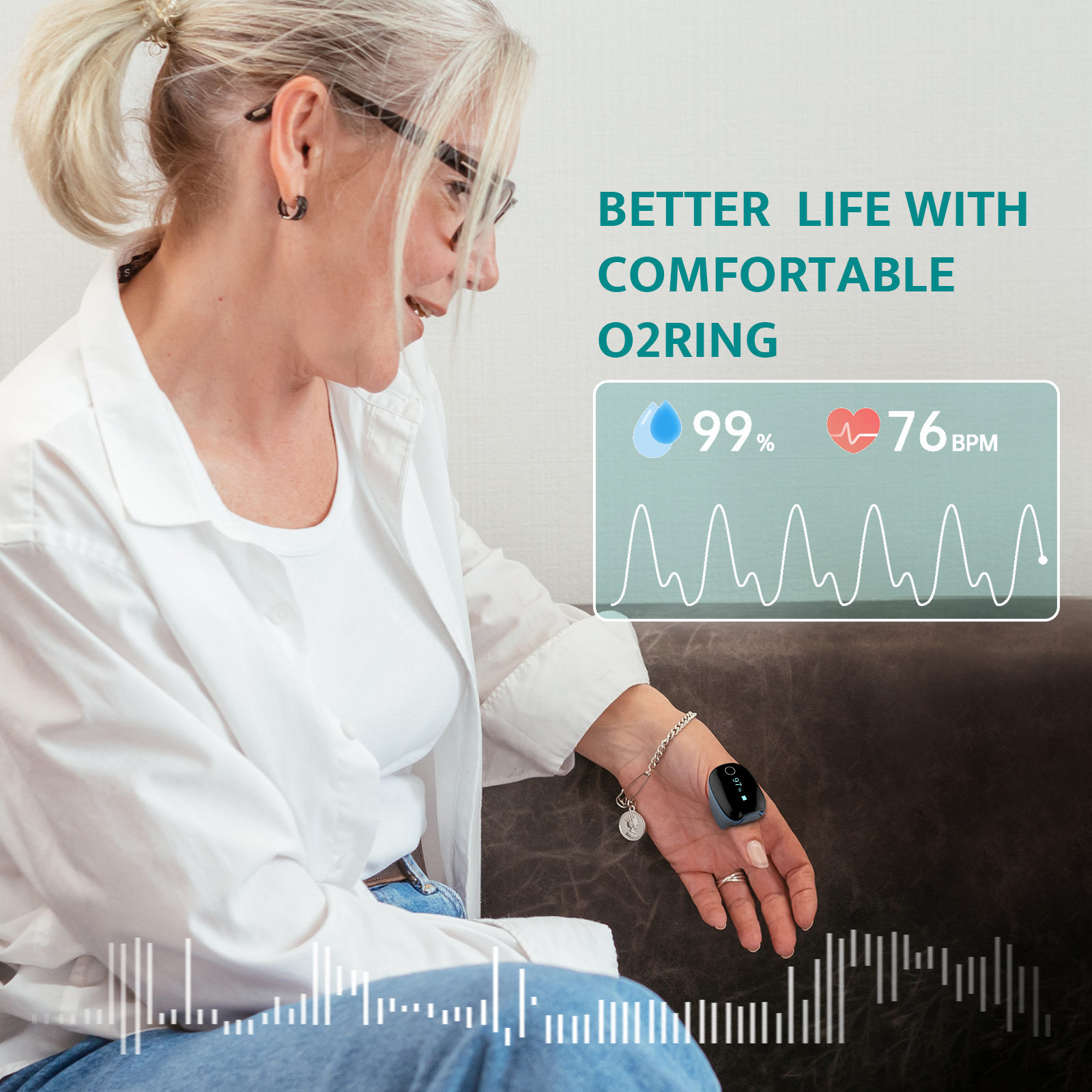 Wellue O2ring Wearable Pulse Oximeter Bluetooth Oxygen Saturation Monitor SpO2 Machine Finger Sleep Apnea Monitor Pulse Oximeter