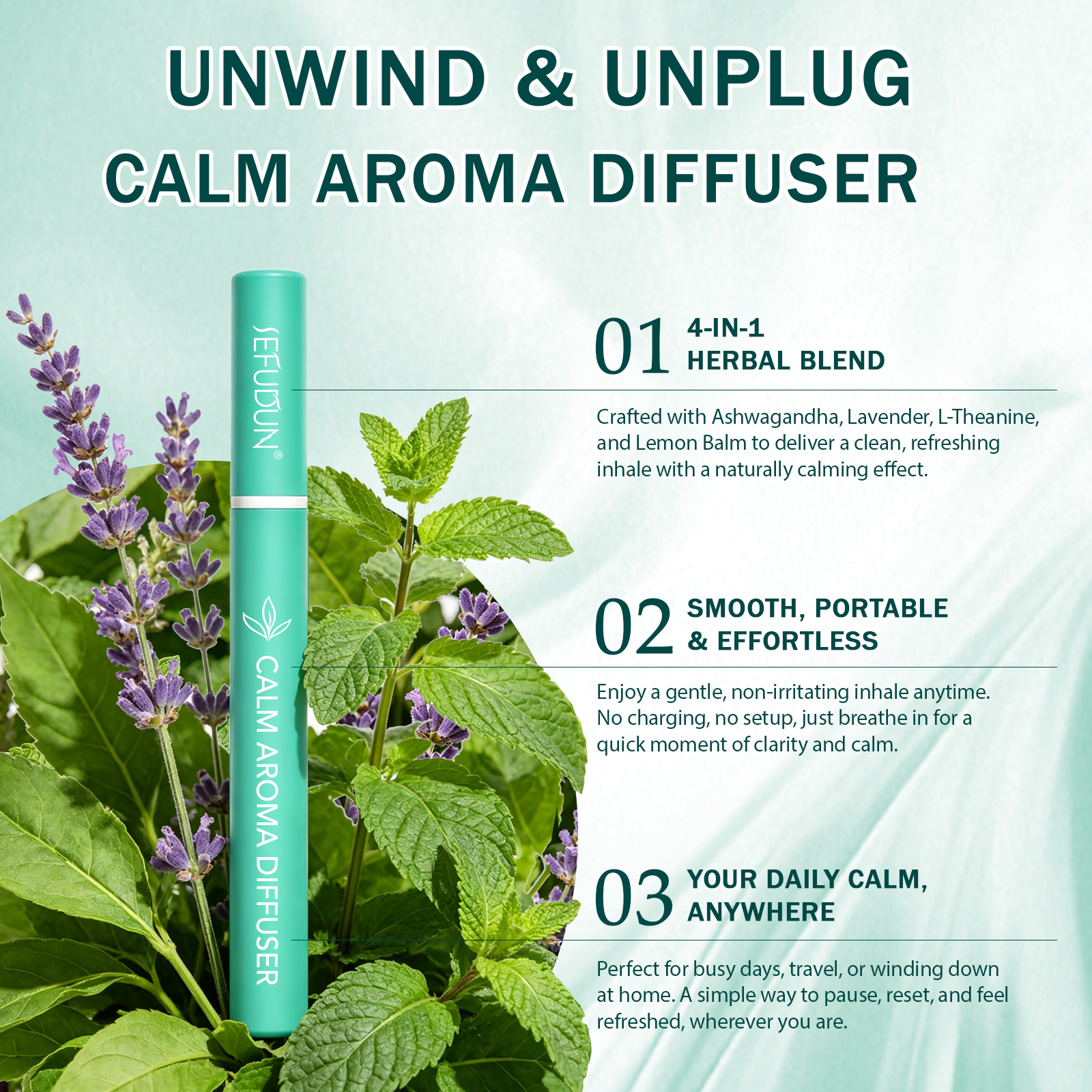 SEFUDUN Portable 100% Natural Herbal Proprietary Blend Extract Calm Aroma Diffuser Pen With 600use Ashwagandha Lemon Balm