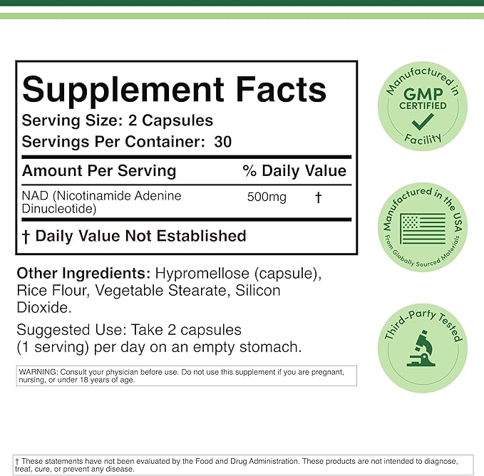 OEM NAD+ Anti-Aging &amp; Cellular Regeneration Capsules | 500mg Per Serving | 95% Pure NAD+ | Vegan