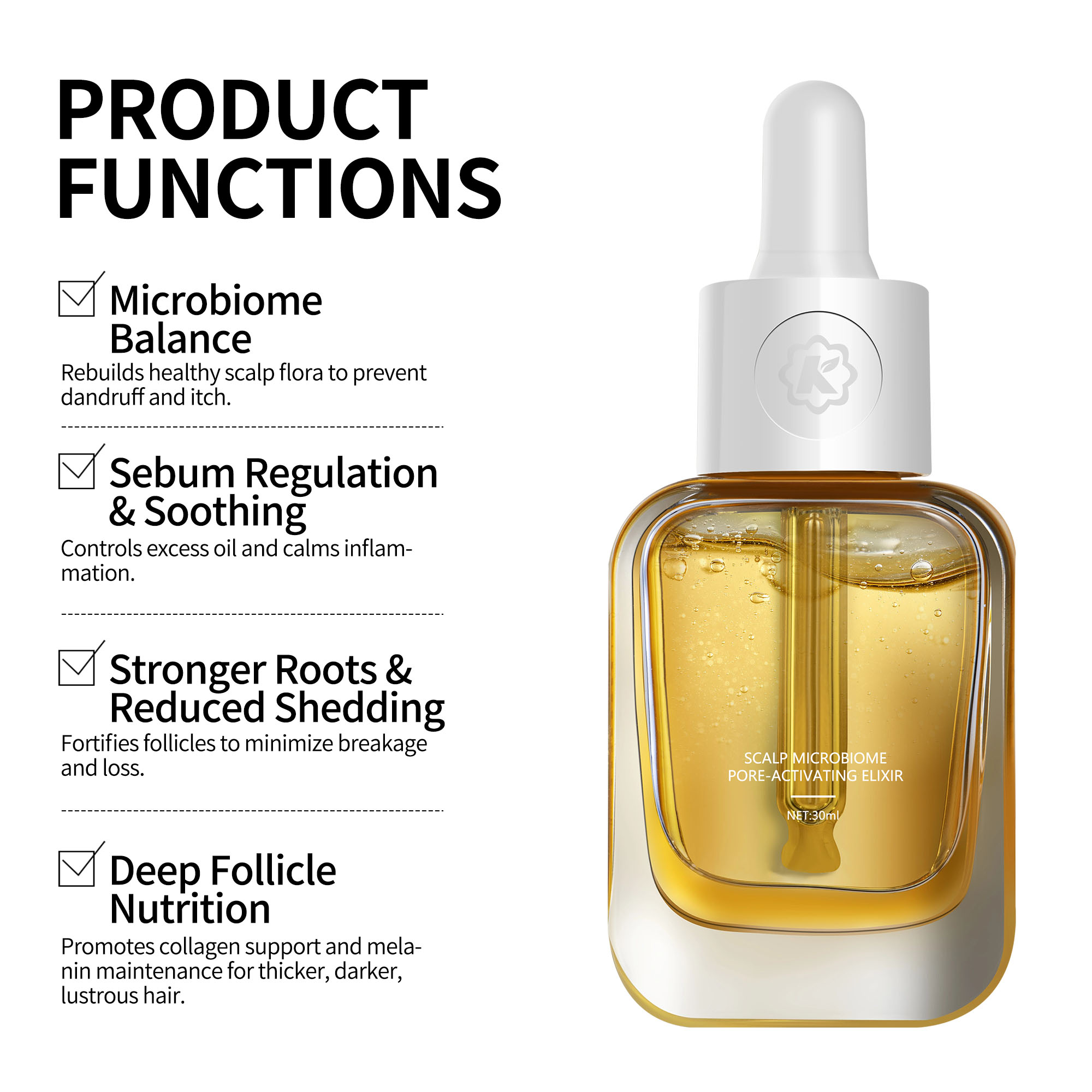 Private Label Scalp Microbiome Pore-Activating Elixir Dual Probiotic Complex Sebum Regulation Collagen Melanin Support Serum
