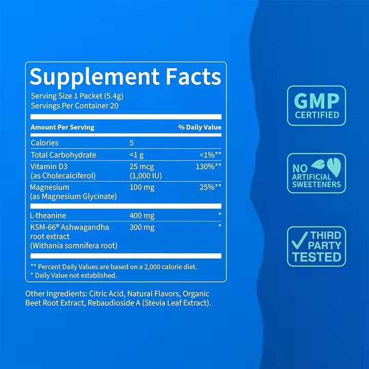 Sport Healthcare OEM Custom No Sugar Hydration Electrolyte Powder Sachets Drink Mix With Magnesium Glycinate Ashwagandha